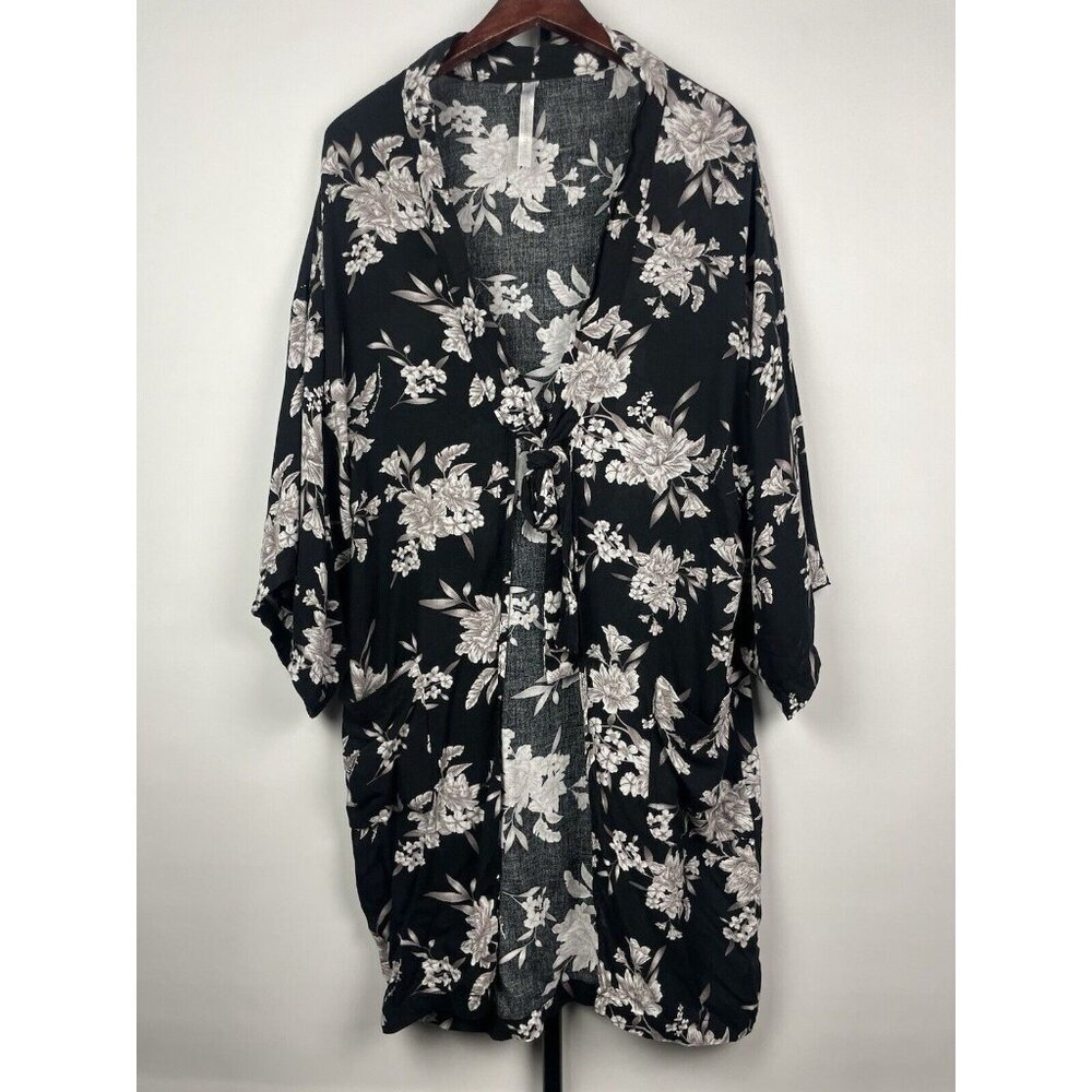 Spiritual Gangster Black White Floral‎ Tie Front Swim Maya Kimono Robe OS